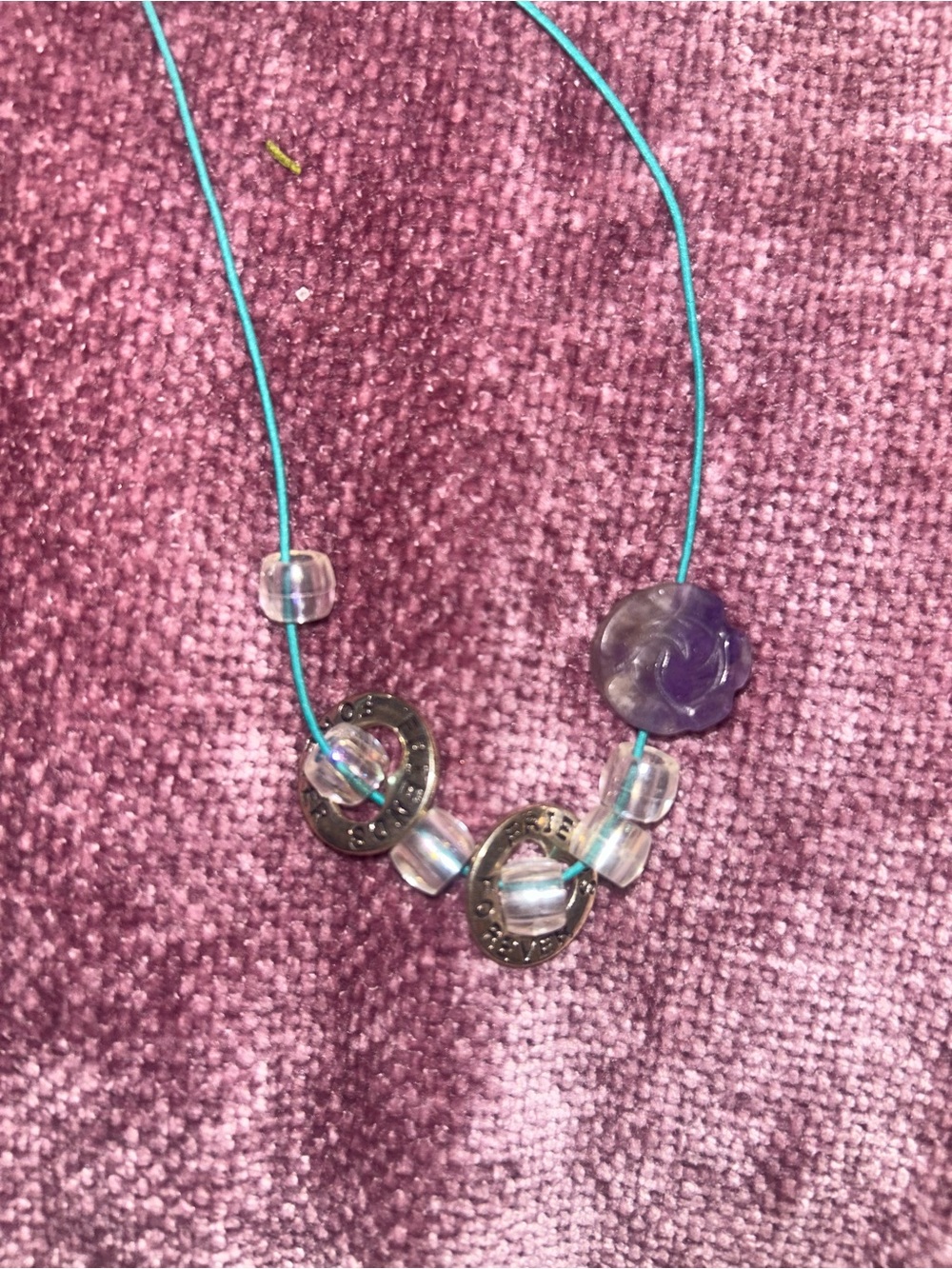 Teal Cord Necklace with Iridescent Beads and Purple Accent
